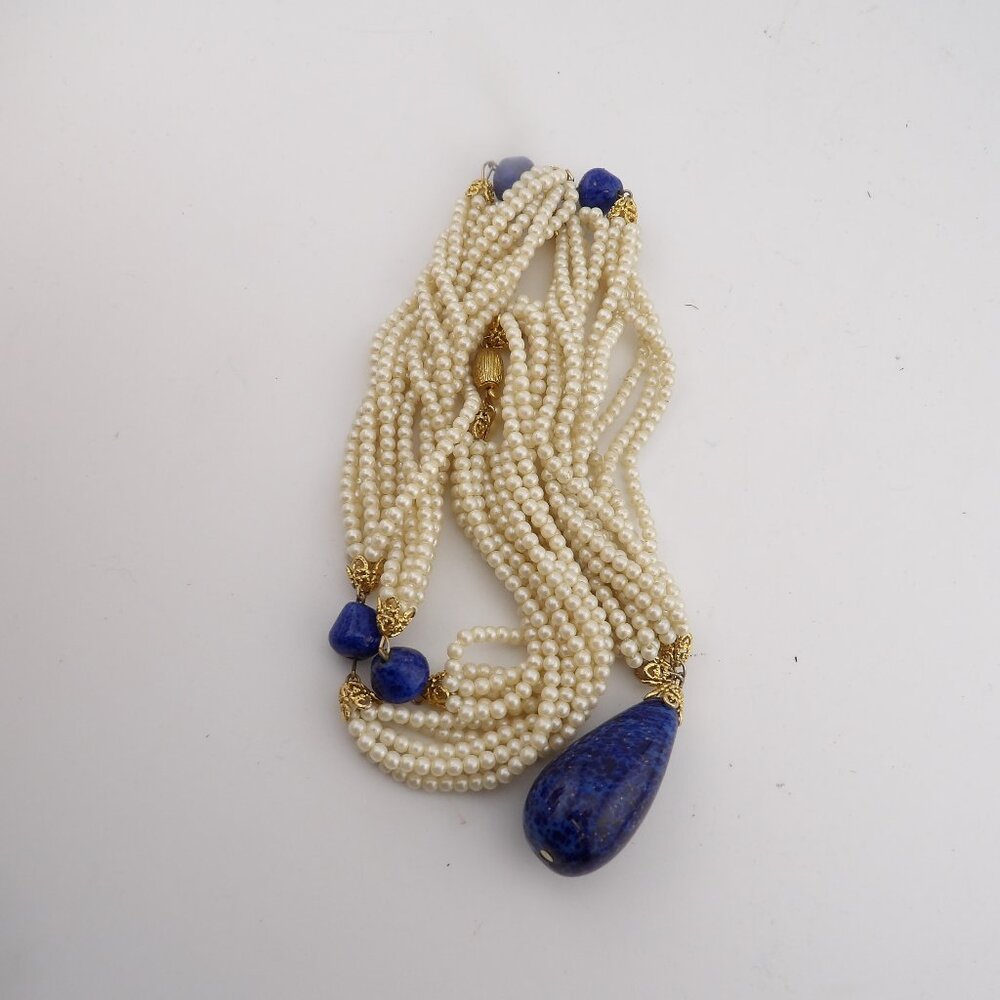 Vintage Multi Strand Pearl Lariat Necklace with Lapis Lazuli - Picture 2 of 4